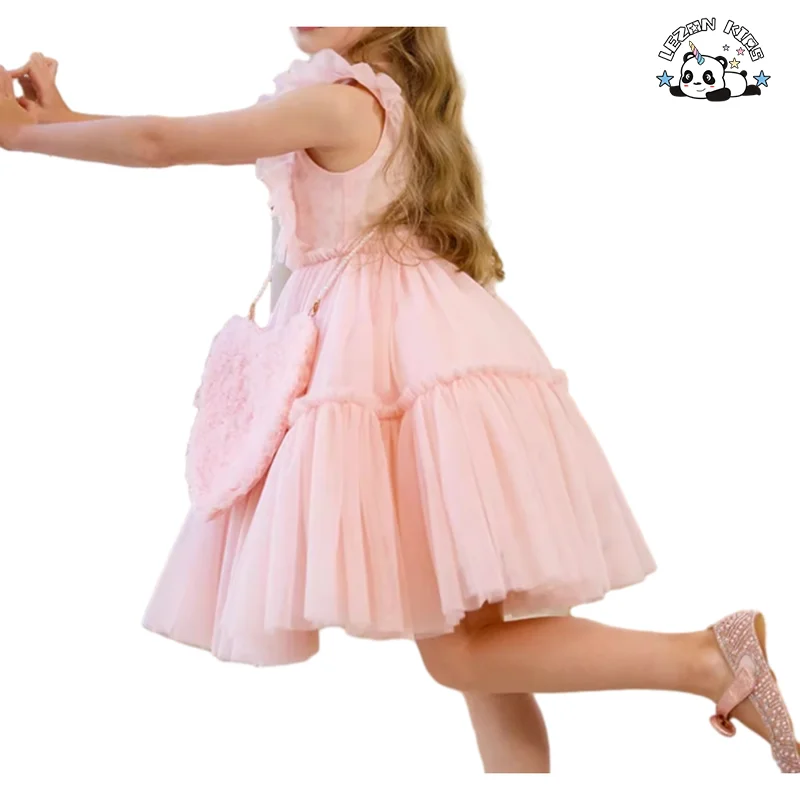 LEZONKIDS - Vestido de Tule Rosa com Logotipo Personalizado para Meninas, Sem Mangas, com Babados e Camadas para Festa Formal